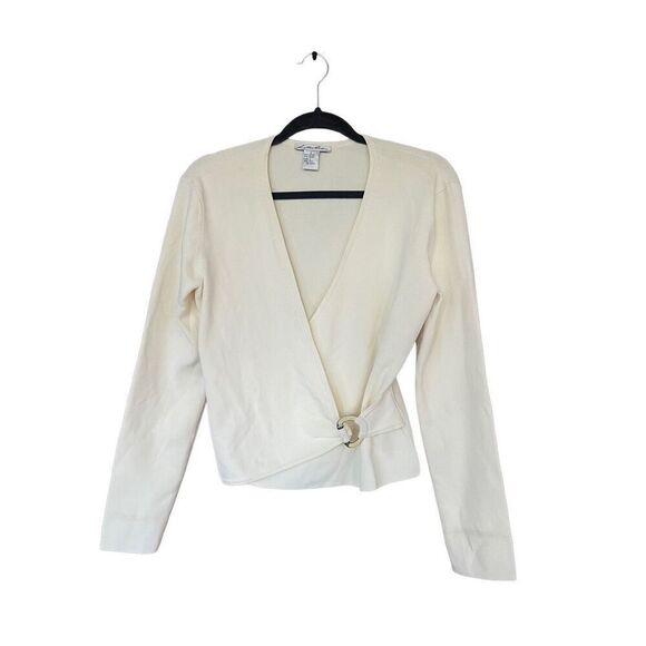 Lilllie Rubin Womens Cream V-Neck Long Sleeve Ribbed Wrap Top Size Large - Picture 1 of 9